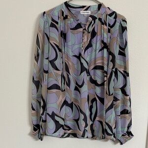 Calvin Klein Multi-Color Abstract Print Long Sleeve Blouse